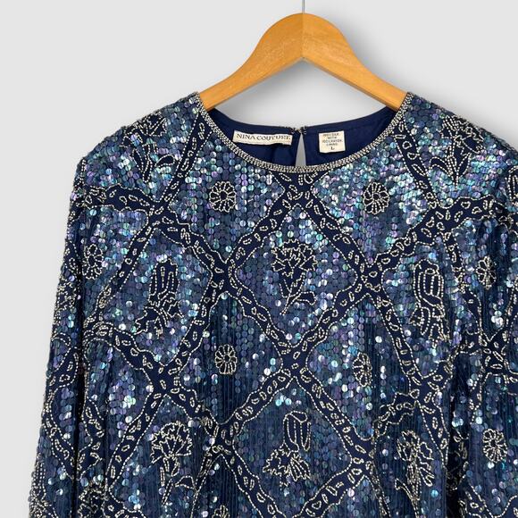 Vintage Nina Couture Sequin Silk Top Navy Blue Beaded Evening Blouse Large - Picture 4 of 6